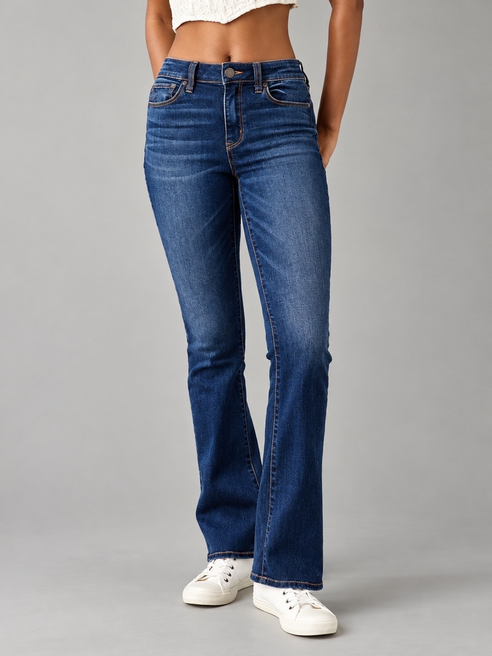 American Eagle Super Stretch Kick Boot Denim Jeans Flare Leg Fading Whiskering